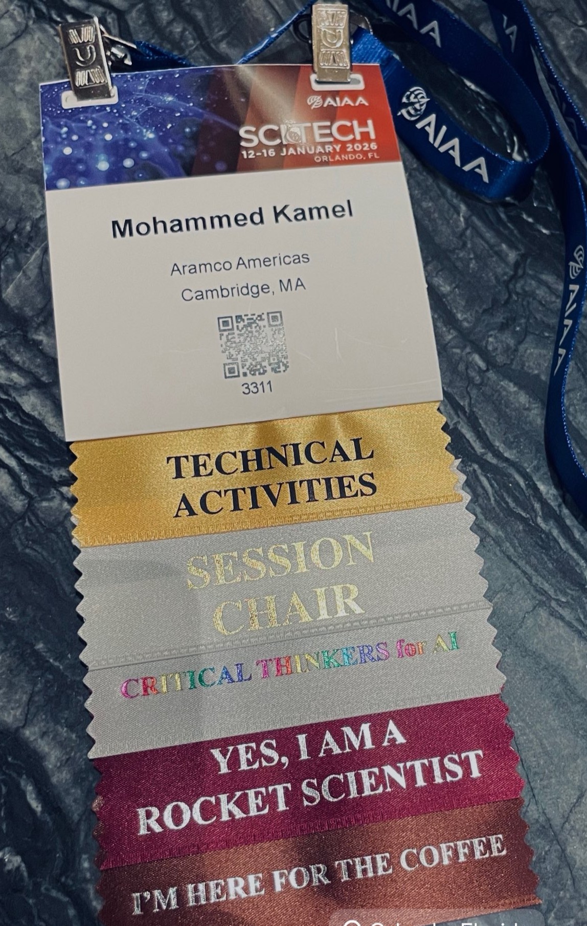 AIAA SciTech 2026 conference badge and session-chair ribbons