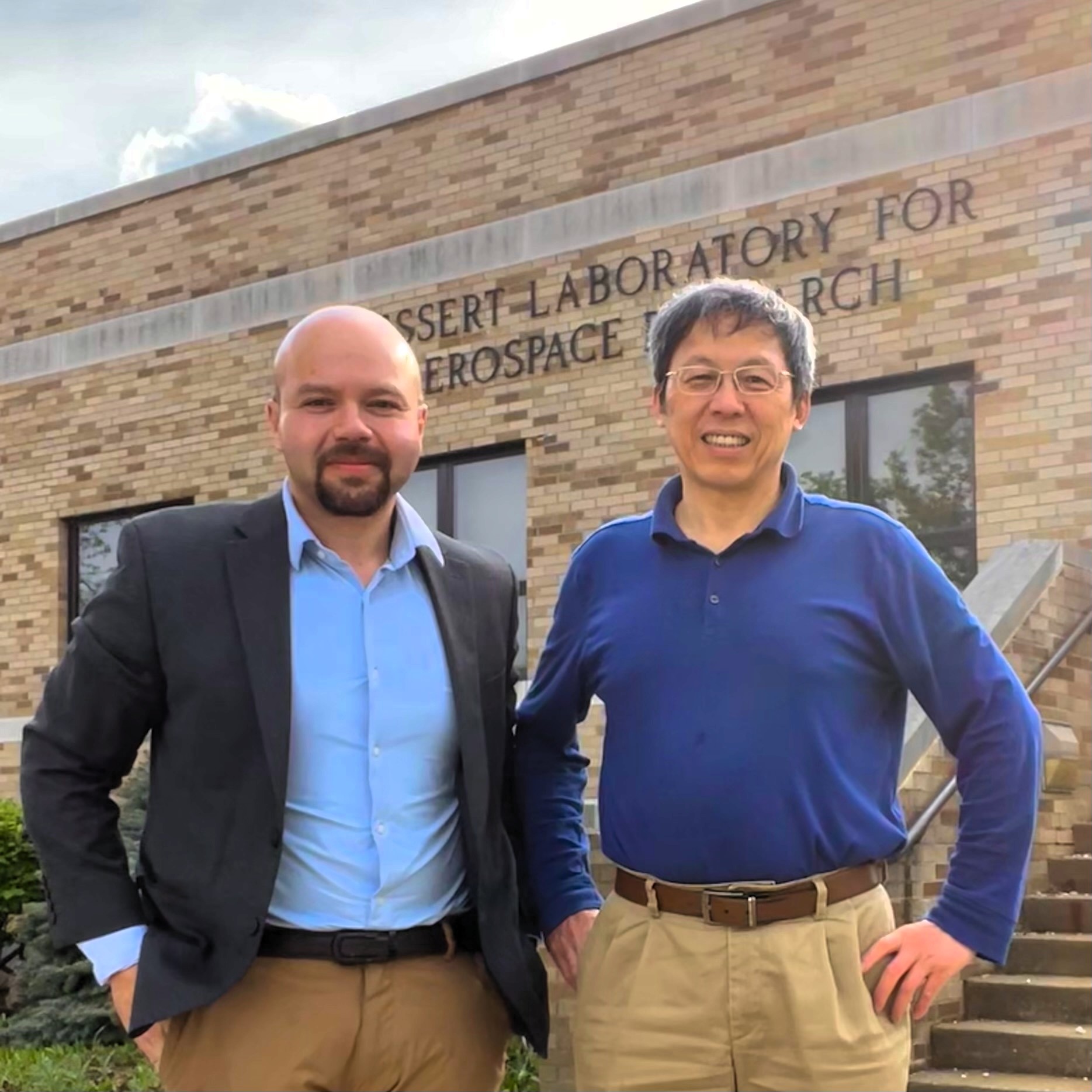 Mohammed Kamel and Professor Meng Wang outside the Hessert Laboratory for Aerospace Research at the University of Notre Dame